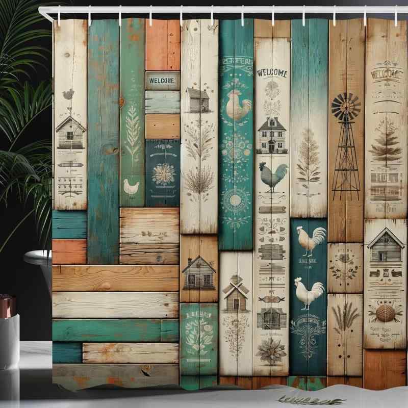 シャワーカーテン レトロ ヴィンテージ カントリー調 デジタルプリント 防水 ポリエステル製 フック付き 浴室 間仕切り 目隠し バスルーム 洗面所 素朴柄 おしゃれ