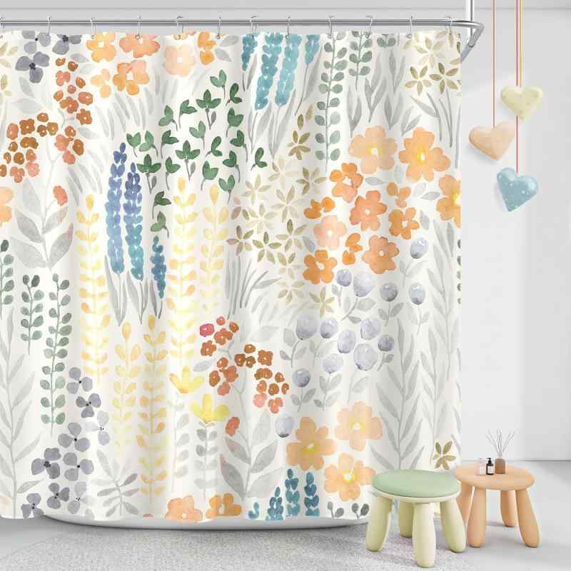 シャワーカーテン 子供用 防水 撥水加工 かわいい デジタルプリント 水彩 花柄 カラフル ポリエステル製 バスルーム 間仕切り 目隠し フック付き