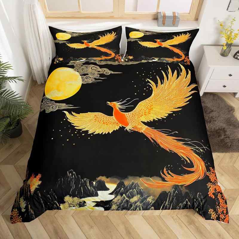 布団カバー 羽毛布団カバー 寝具セット 中国風 金鳳凰柄 神話動物 鳥柄 天然山 レトロ花柄 デジタルプ..
