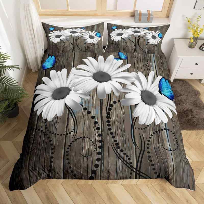 布団カバー キッズ レディース ブラウン グレー デイジー 花柄 蝶々 デジタルプリント ポリエステル 3..