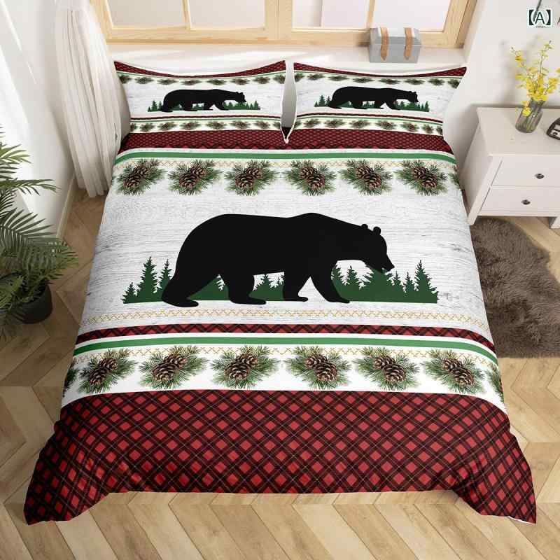 布団カバー キッズ 子供用 ダブルサイズ 黒クマ柄 バッファローチェック 赤色格子柄 ファームハウス風 カントリー調 寝室 ベッドルーム 装飾 模様替え 3点セット [2]