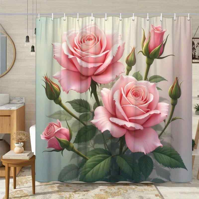 シャワーカーテン 防水 ポリエステル製 エレガント ピンク ローズ花びら模様 デジタルプリント 浴室 バスルーム インテリア 間仕切り 装飾 フック付属