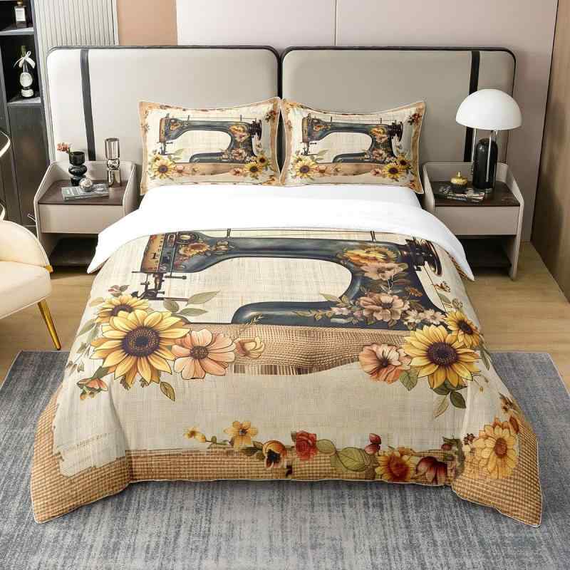 布団カバー 3点セット デジタルプリント 化学繊維 ヴィンテージ レトロ アンティークミシン ひまわり柄..