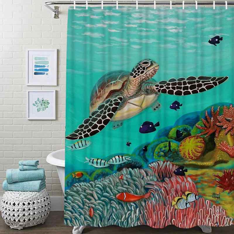 シャワーカーテン 防水 撥水 ポリエステル 海洋生物 海亀柄 デジタルプリント おしゃれ かわいい 浴室 バスルーム 間仕切り 目隠し