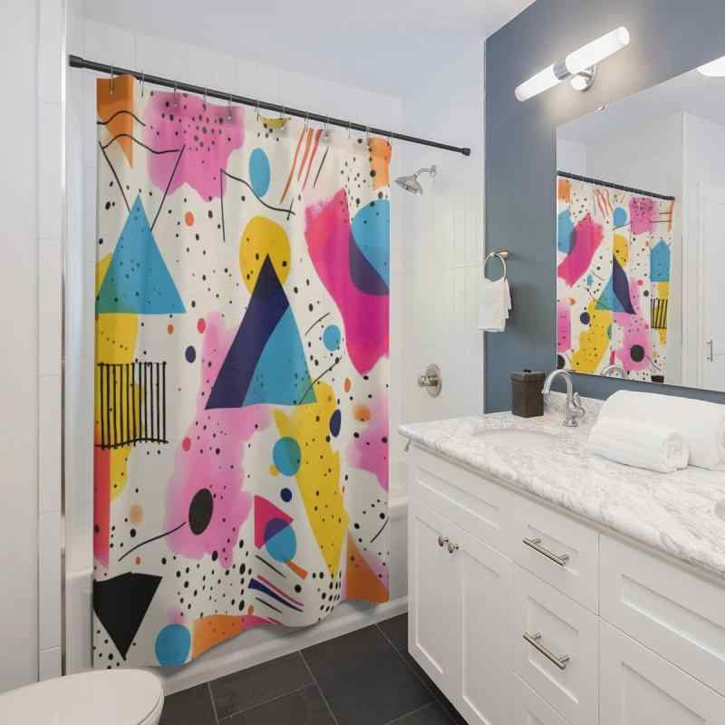 シャワーカーテン 厚手 防水 ポリエステル製 モダン デジタルプリント メンフィススタイル 幾何学模様 抽象デザイン バスルーム 間仕切り 目隠しカーテン