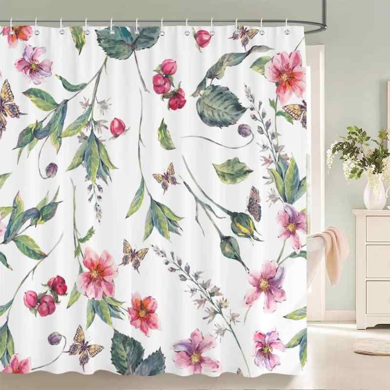 シャワーカーテン 高品質 防水 カラフル 花柄 植物 リーフ デジタルプリント バスルーム 浴室 間仕切り 目隠し フック付き ポリエステル製