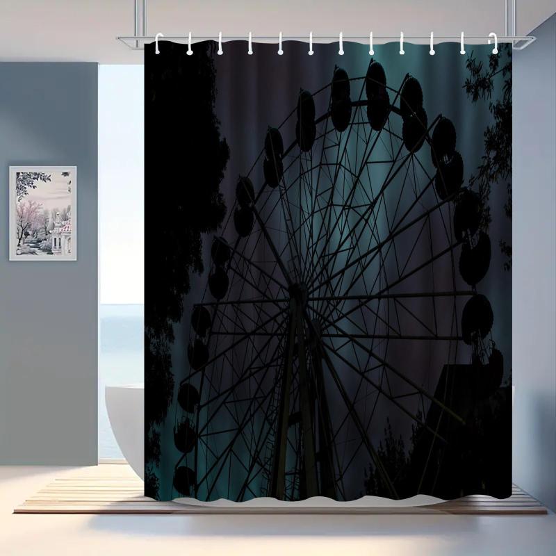 シャワーカーテン 防水 撥水 防カビ 抗菌 厚手 観覧車 遊園地デザイン 浴室 バスルーム用 乾湿分離 間仕切り ポリエステル製 ウォッシャブル 洗える おしゃれ モダン