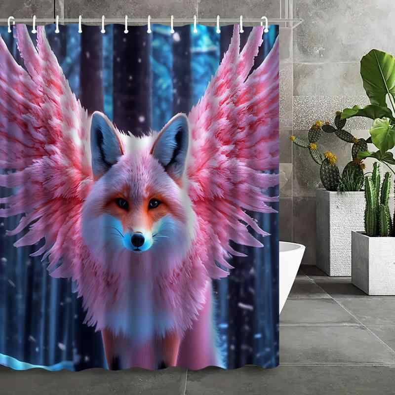 シャワーカーテン 防水 防カビ 3Dデジタルプリント 穴あけ不要 ポリエステル製 かわいい キツネ柄 浴室用 バスルーム 間仕切り 目隠し 多サイズ対応