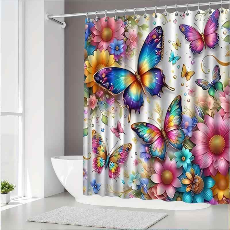 シャワーカーテン 防水 デジタルプリント 幻想的 レインボーカラー 蝶々柄 おしゃれ バスルーム インテリア 目隠し 間仕切り ポリエステル製 フック付属