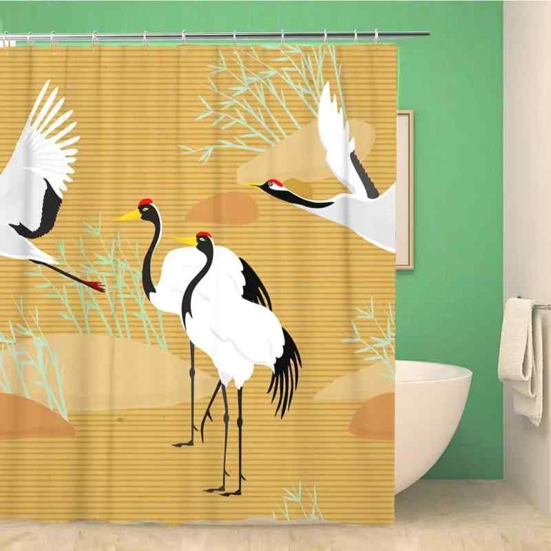 シャワーカーテン 防水加工 ポリエステル製 中国風 松 鶴 山水画 アート デジタルプリント バスルーム..