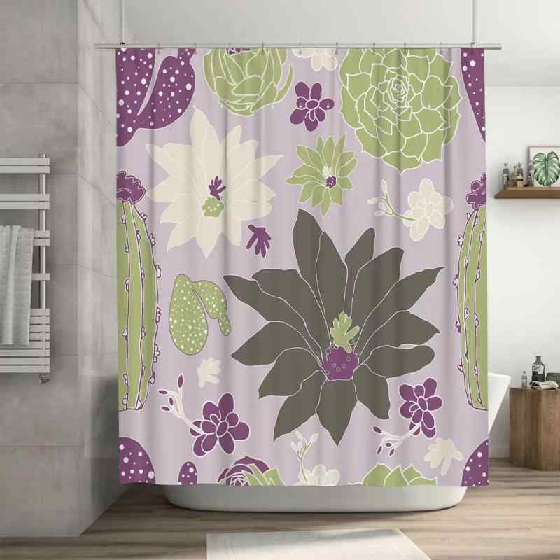 シャワーカーテン 防水 撥水加工 防カビ デジタルプリント モダン 花柄 緑の葉 紫 ボタニカル柄 ポリエステル製 バスルーム 浴室 間仕切り フック付き