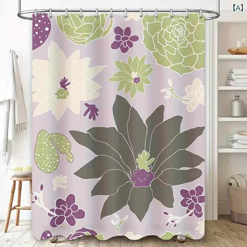 シャワーカーテン 防水 撥水加工 防カビ デジタルプリント モダン 花柄 緑の葉 紫 ボタニカル柄 ポリエステル製 バスルーム 浴室 間仕切り フック付き