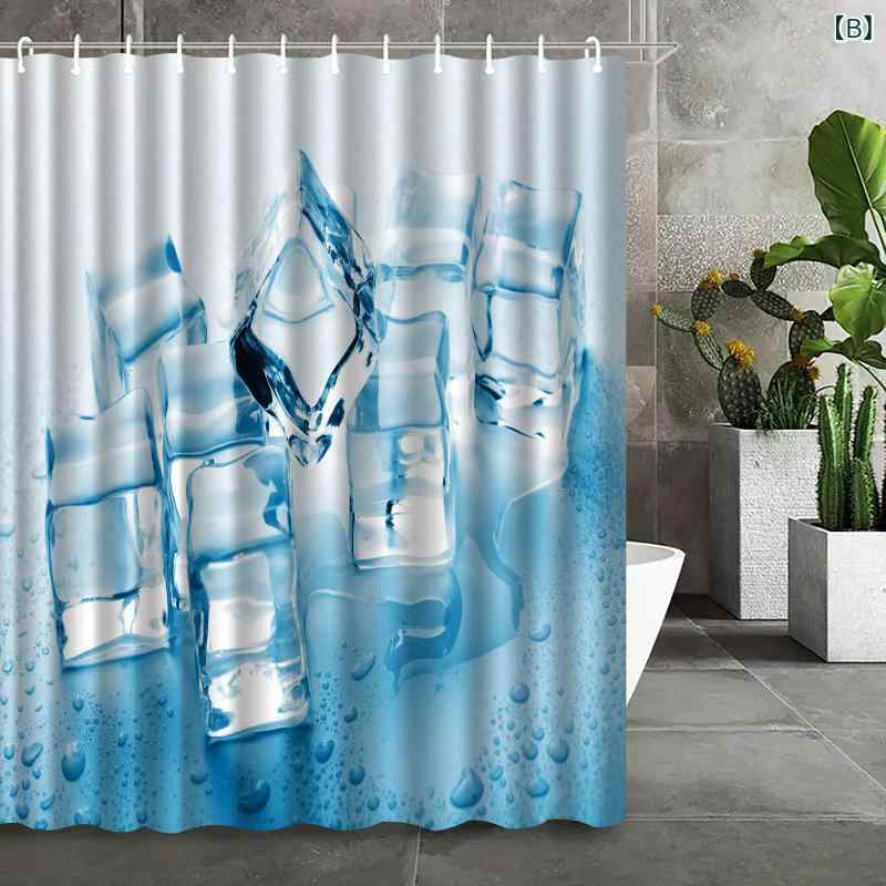 シャワーカーテン 防水 穴あけ不要 ポリエステル製 デジタルプリント アイスキューブ柄 おしゃれ シンプル バスルーム 間仕切り 目隠し