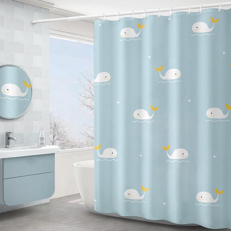 シャワーカーテン 防水 厚手 ポリエステル製 デジタルプリント かわいい キャラクター くじら柄 浴室 バスルーム ベランダ 間仕切り 目隠し 子供部屋 北欧風