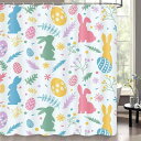 シャワーカーテン 防水 高精細 デジタルプリント かわいい うさぎ柄 イースター ポリエステル製 バスルーム用 間仕切り 目隠し フック付き
