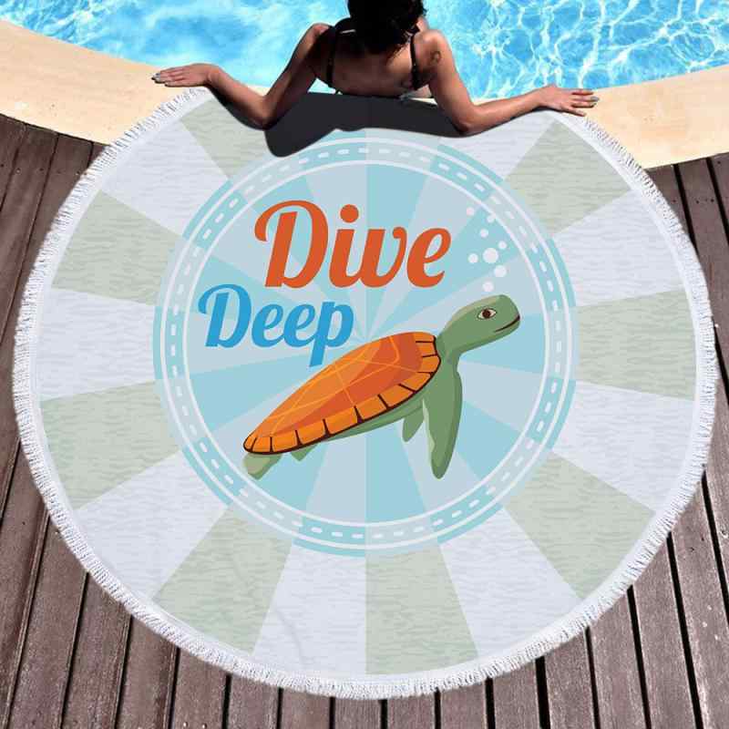ビーチタオル マイクロファイバー 吸水速乾 大判 150cm 円形 フリンジ付き 肌触り柔らか かわいい ウミガメ柄 プール 海水浴 レジャー アウトドア バスタオル(3)