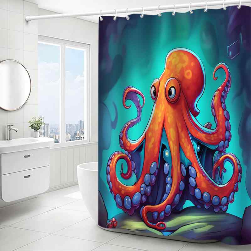 シャワーカーテン 防水 撥水 穴あけ不要 簡単設置 巨大タコ柄 デジタルプリント ポリエステル製 浴室 洗面所 間仕切り 目隠し 水はね防止 マリン