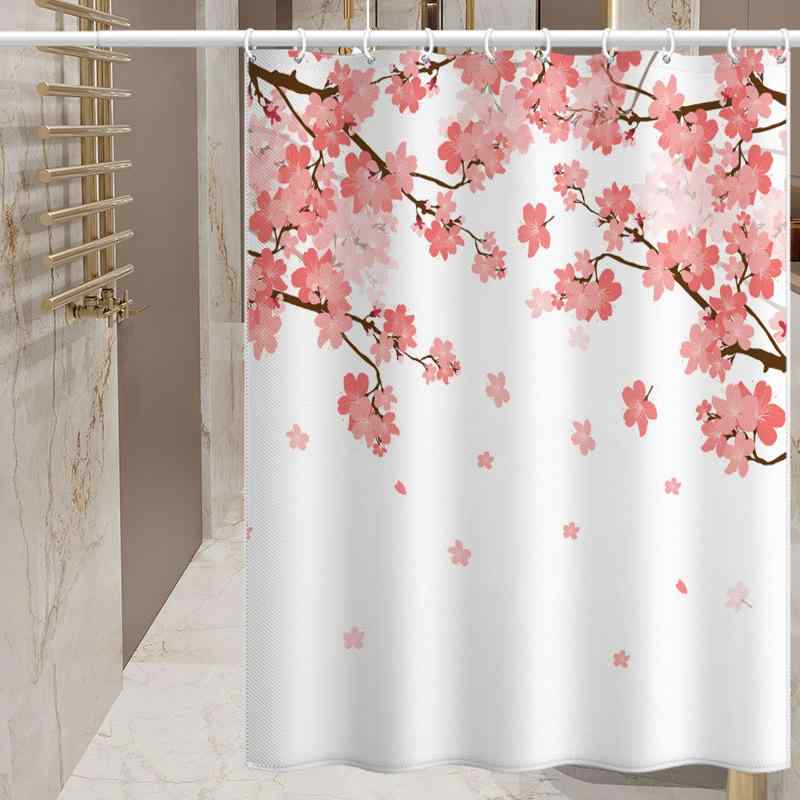 シャワーカーテン 防水 防カビ 撥水 乾湿分離 浴室 間仕切り 桃の花柄 ポリエステル製 バスルーム ユニットバス 田園風 カントリー調 おしゃれ