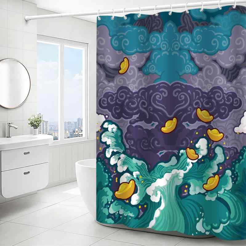 シャワーカーテン 防水 ポリエステル製 3Dデジタルプリント 太陽柄 和風スタイル 浴室 間仕切り 目隠し バスルーム お風呂 穴あけ不要 突っ張り棒対応