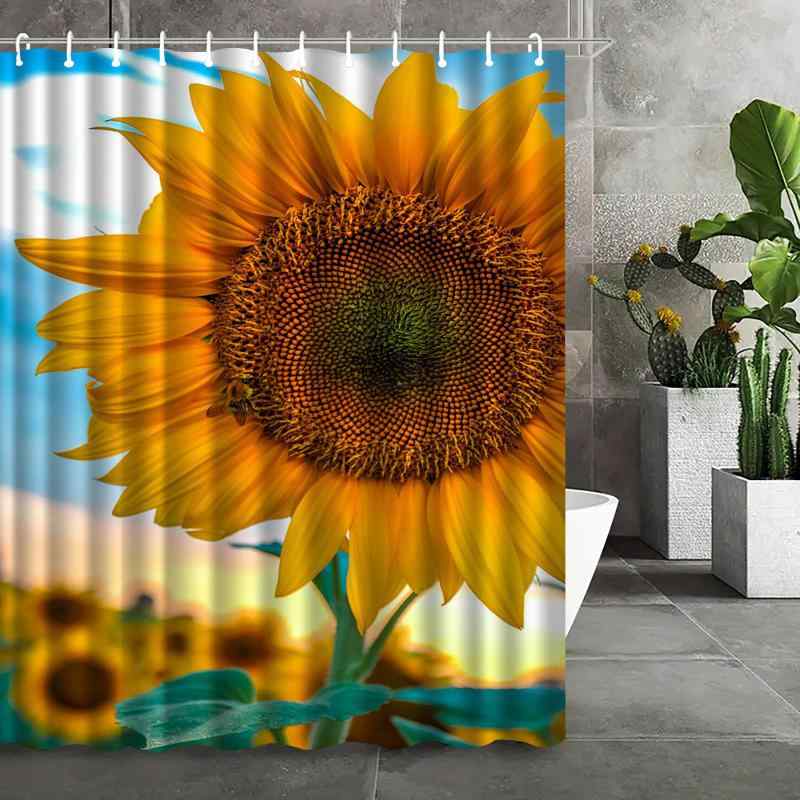 シャワーカーテン 防水 ひまわり柄 ポリエステル製 目隠し ユニットバス対応 田園風 バスルーム 間仕切り 穴開け不要 おしゃれ