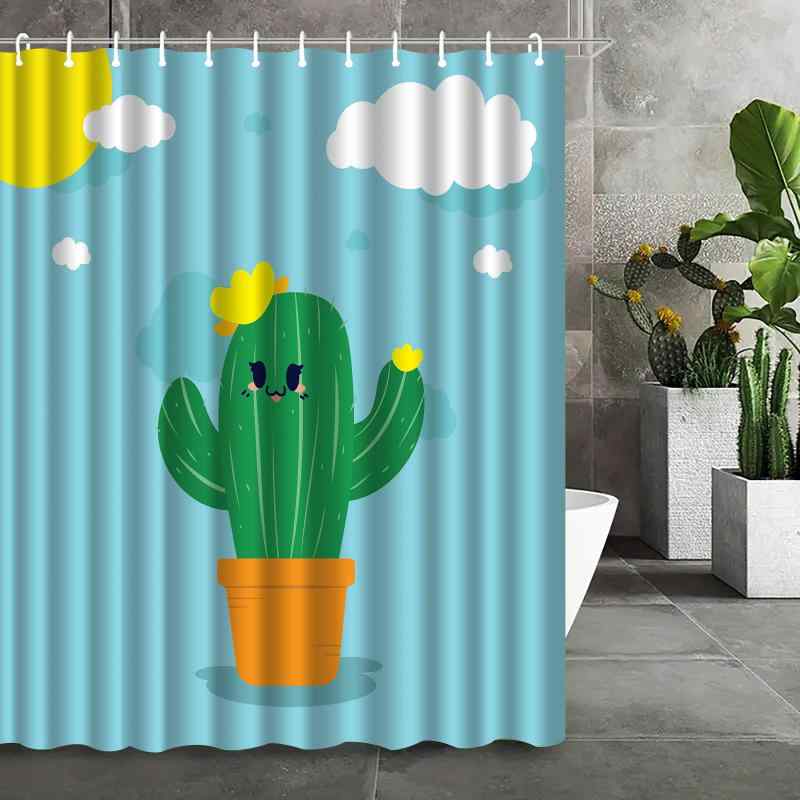 シャワーカーテン 防水加工 穴あけ不要 突っ張り棒対応 ポリエステル製 かわいい サボテン柄 植物柄 バスルーム 浴室 間仕切り ユニットバス 洗面所 脱衣所 目隠し