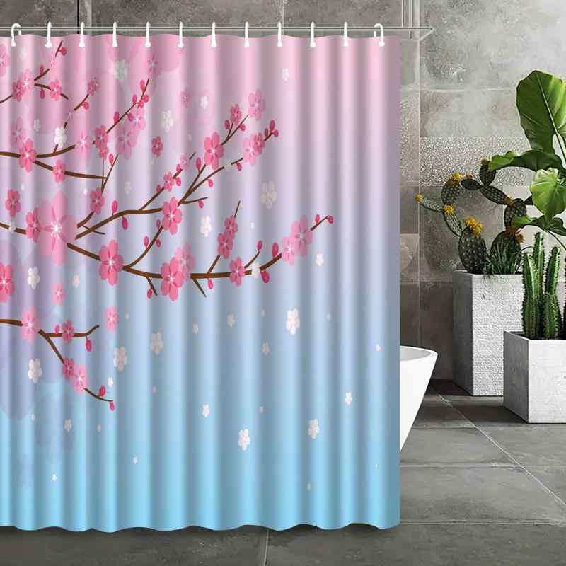 シャワーカーテン 3Dデジタルプリント 梅の花柄 防水 防カビ セット 厚手 ポリエステル製 おしゃれ モ..