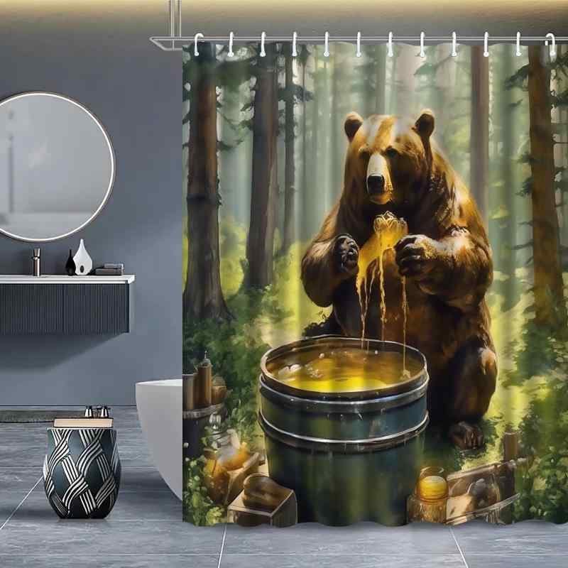 シャワーカーテン 防水加工 森林クマ柄 デジタルプリント 浴室 バスルーム用 間仕切り 目隠し ポリエステ製 お風呂カーテン