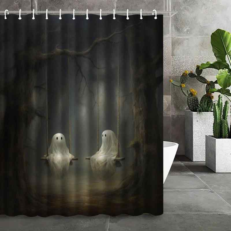 シャワーカーテン 防カビ 防水 ポリエステル ゴースト柄 デジタルプリント ハロウィンデザイン 浴室 バスルーム 目隠し 間仕切り 穴開け不要 多サイズ対応