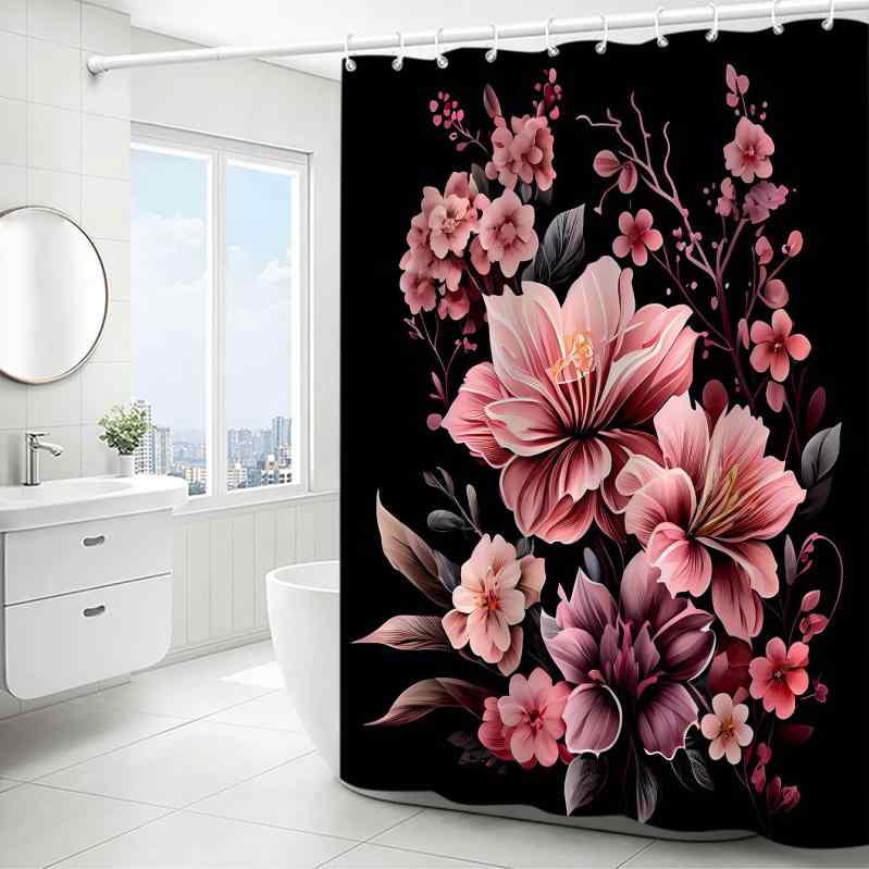 シャワーカーテン 防水 撥水加工 花柄 デジタルプリント バスルーム 間仕切り 目隠し 水撥ね防止 ポリエステル製 穴あけ不要 おしゃれ かわいい