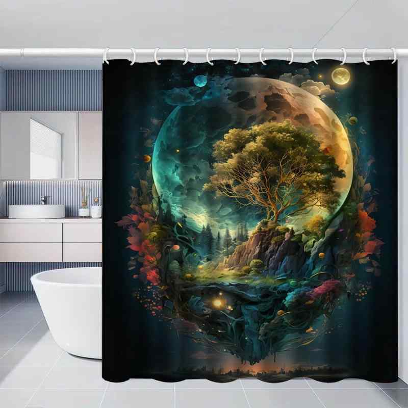 シャワーカーテン デジタルプリント 防水 防カビ 撥水 加工 浴室 バスルーム 間仕切り 目隠し ポリエステル製 モダン シンプル フック付き