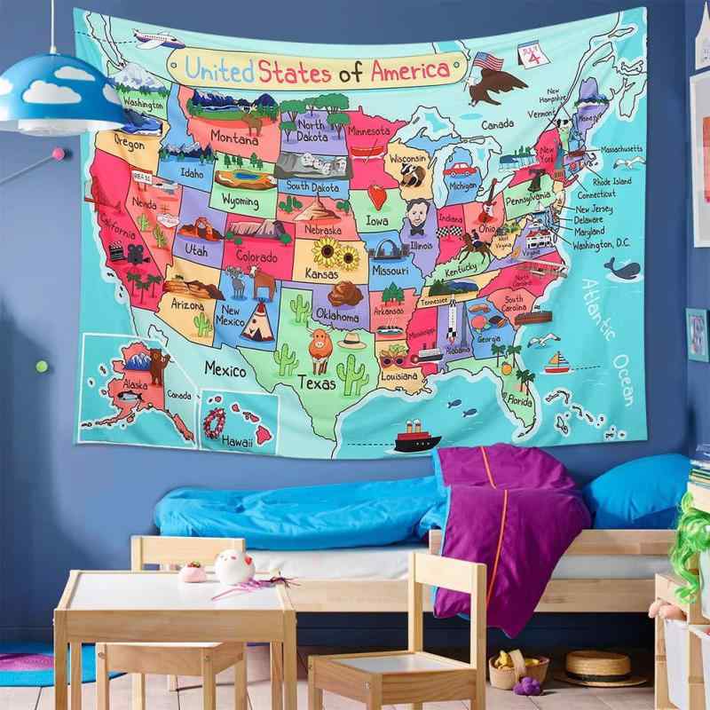 タペストリー 子供用 アメリカ各州マップ カートゥーン カラフル 教育 子供部屋 幼稚園 教室 ポリエステル製 壁飾り
