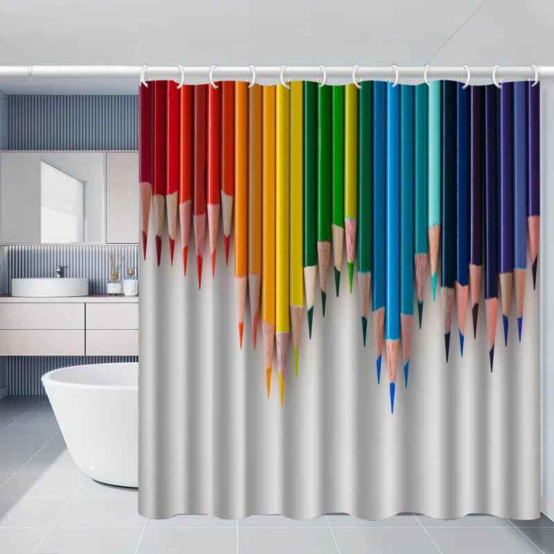 シャワーカーテン 厚手 防水 防カビ シンプル モダン 鉛筆柄 かわいい バスルーム ホテル用 ポリエステル製 フック付き 目隠し