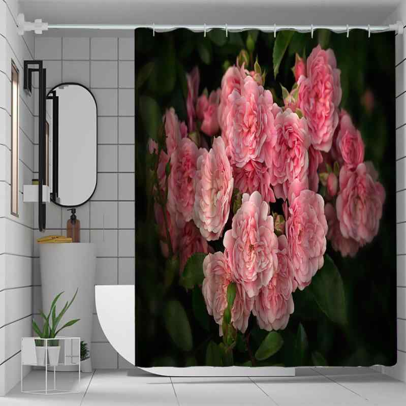 シャワーカーテン 防水 防カビ 3Dデジタルプリント 厚手 ポリエステル製 ローズ バラ柄 花柄 おしゃれ ユニットバス お風呂 間仕切り 目隠し セット