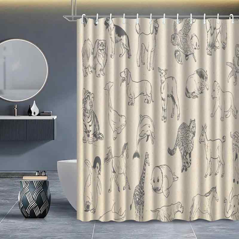 シャワーカーテン 防水 穴あけ不要 ポリエステル スケッチ画風 バスルーム間仕切り シンプル おしゃれなイラスト柄 浴室 目隠し
