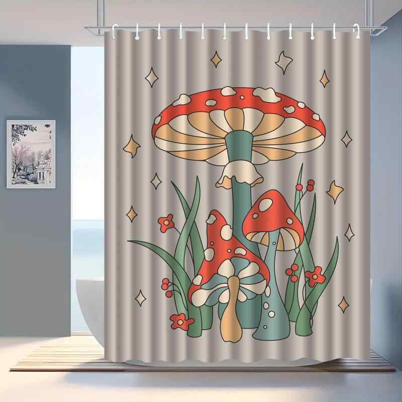 シャワーカーテン 防水 防カビ 3D デジタルプリント 穴あけ不要 ポリエステル製 幻想的なマッシュルーム柄 田園風 バスルーム 目隠し 間仕切り 多サイズ対応 速乾