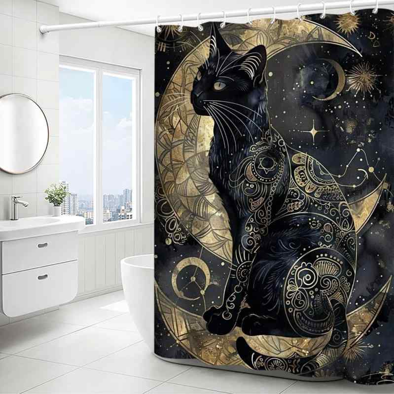 シャワーカーテン 防水 ポリエステル製 3Dデジタルプリント 猫柄 かわいい おしゃれ ホテルライク 浴室 バスルーム 間仕切り 目隠し 突っ張り棒対応 簡単設置 賃貸住宅向け