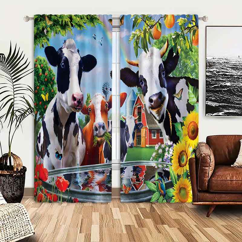 カーテン 遮光率70-90% ポリエステル 防水 プリント ハトメ仕様 牧場 牛 豚 馬 動物柄 リビング 寝室 ..