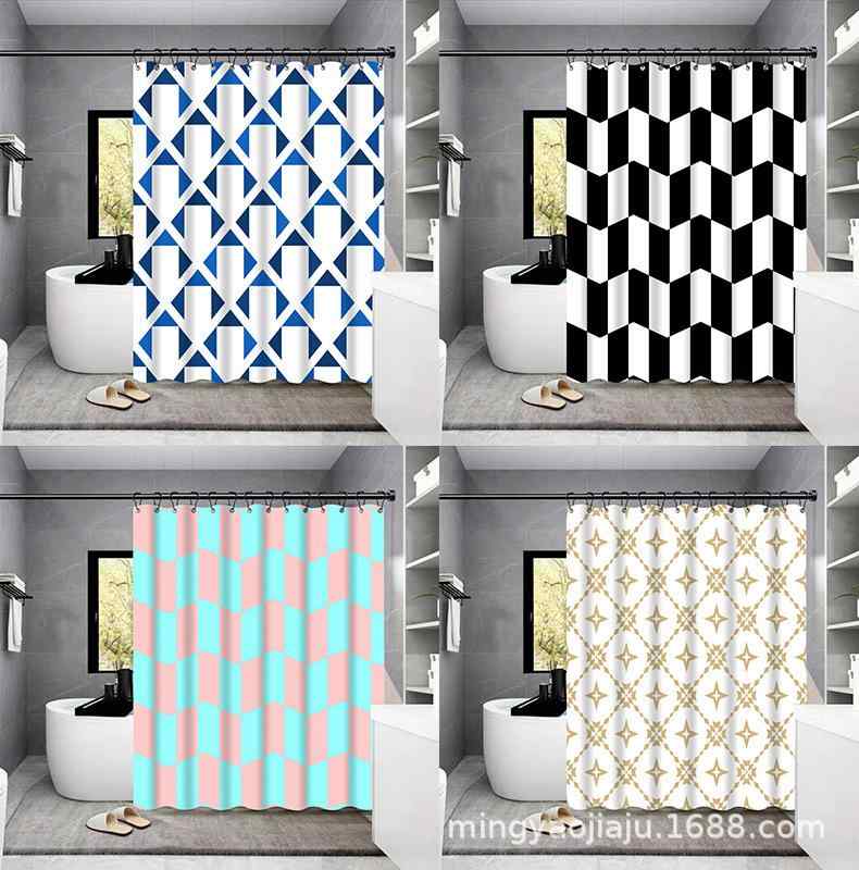 シャワーカーテン 防水 防カビ 目隠し プライバシー保護 突っ張り棒式 ポリエステル デジタルプリント 浴室 バスルーム 間仕切り 白黒格子柄 モダン シンプル インテリア(x2)