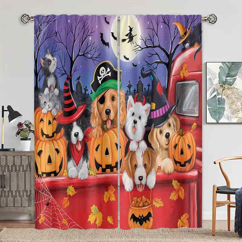 カーテン 防水 防カビ 高遮光 ポリエステル ハトメカーテン ハロウィン カボチャ 猫 犬 プリント柄 寝室 オフィス キッチン リビング 書斎 モダン シンプル(x2)
