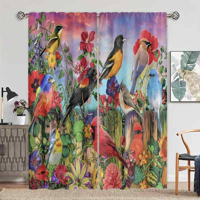 カーテン 防水 遮光 ポリエステル プリント 花柄 小鳥柄 カラフル リビング 寝室 オフィス キッチン デ..