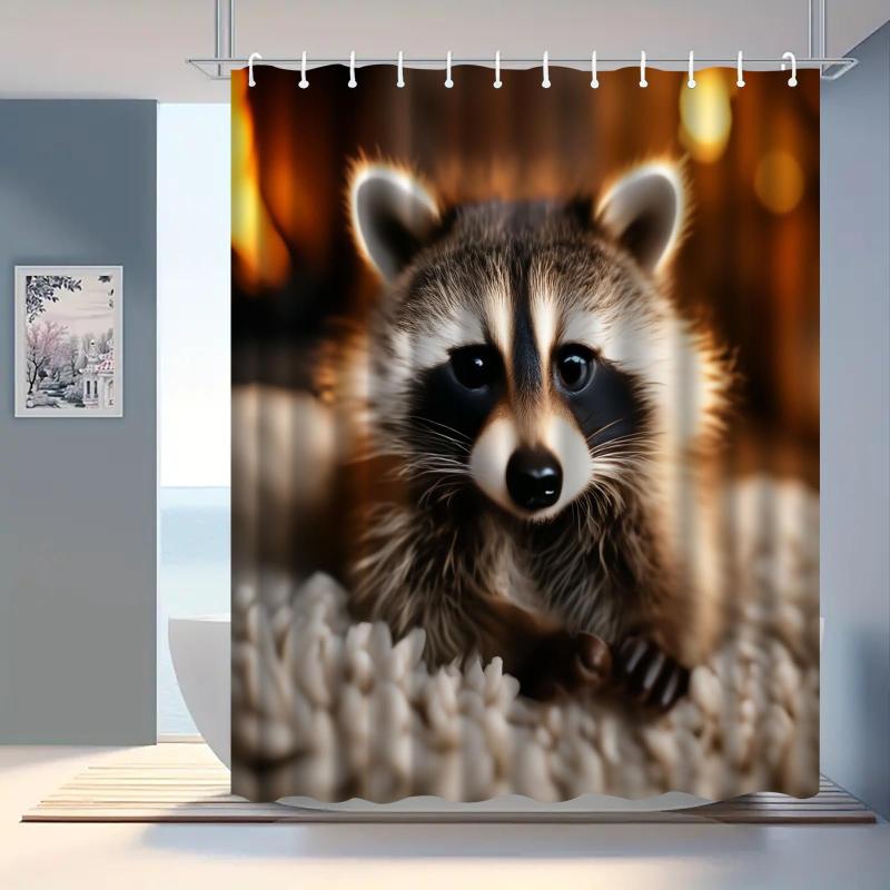 シャワーカーテン アライグマ柄 かわいい 防水 デジタルプリント 間仕切り バスルーム 目隠し ポリエステル製 水はね防止 穴あけ不要