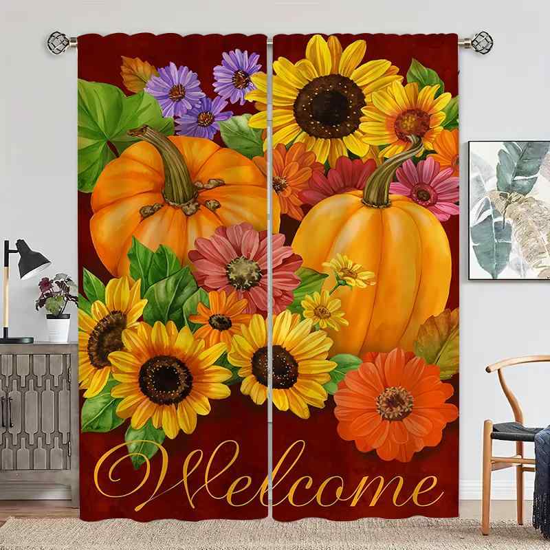 カーテン 高遮光 防水 防カビ ポリエステル ハトメカーテン ハロウィン ひまわり カボチャ柄 寝室 リビング キッチン オフィス 書斎 間仕切り 装飾(x2)