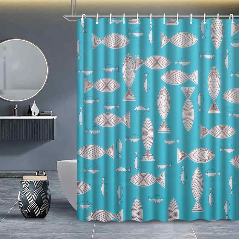 シャワーカーテン 防水 間仕切り 水はね防止 穴あけ不要 突っ張り棒対応 海洋生物柄 デジタルプリント ポリエステル製 バスルーム用