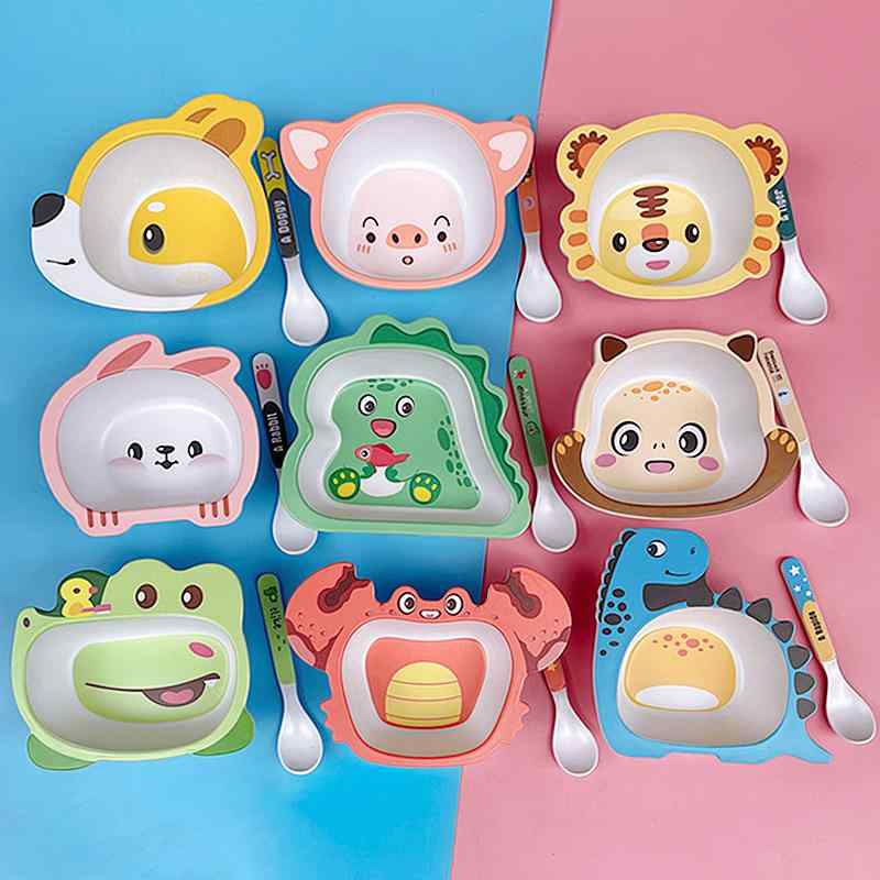 子供用食器 竹繊維製 キャラクター かわいい ベビー ボウル スプーン セット 家庭用 離乳食対応 食事用 恐竜 カニ サル ワニ柄(x2)