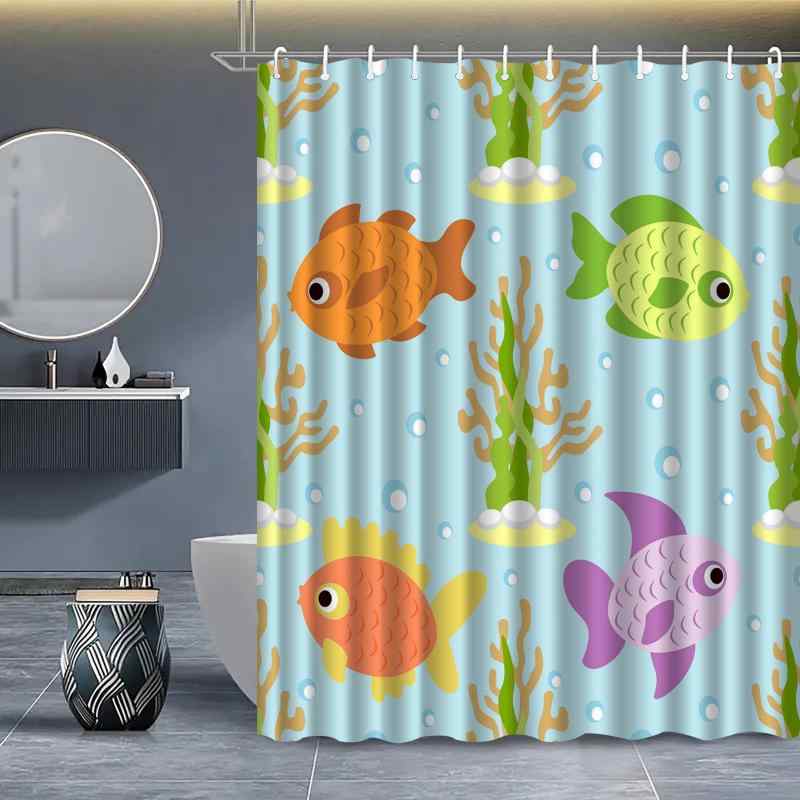 シャワーカーテン 防水 デジタルプリント マリン柄 海の生き物デザイン バスルーム 浴室 間仕切り 目隠し 水はね防止 ポリエステル製