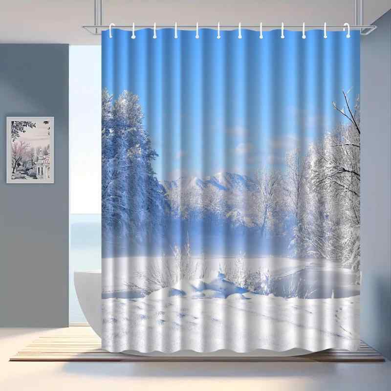 シャワーカーテン 防水 撥水加工 雪景色 風景柄 目隠し 間仕切り ポリエステル製 浴室用 バスルーム 脱衣所 洗面所 穴開け不要 つっぱり棒対応