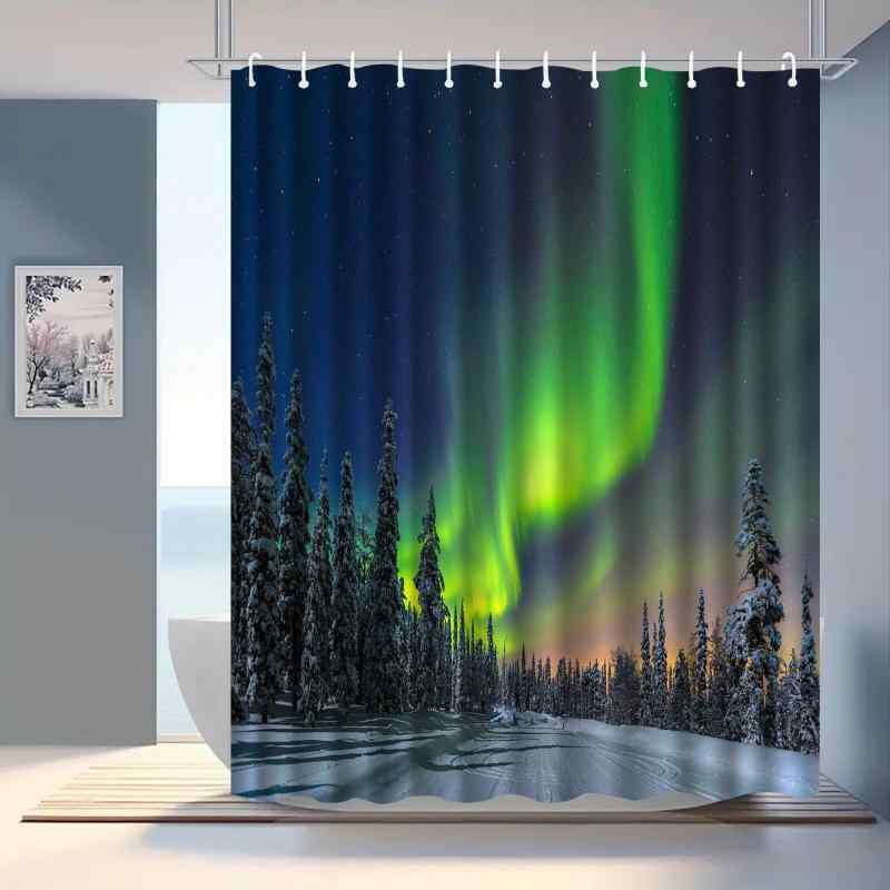 シャワーカーテン オーロラ 風景柄 デジタルプリント 防水加工 浴室 バスルーム用 間仕切り 目隠し 水はね防止 ポリエステル製 穴あけ不要 突っ張り棒対応