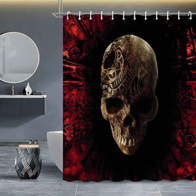 シャワーカーテン 防水 免打孔 スカル 3Dデジタルプリント ポリエステル製 アメリカンスタイル おしゃれ 個性的 軽量 バスルーム 浴室 間仕切り 模様替え