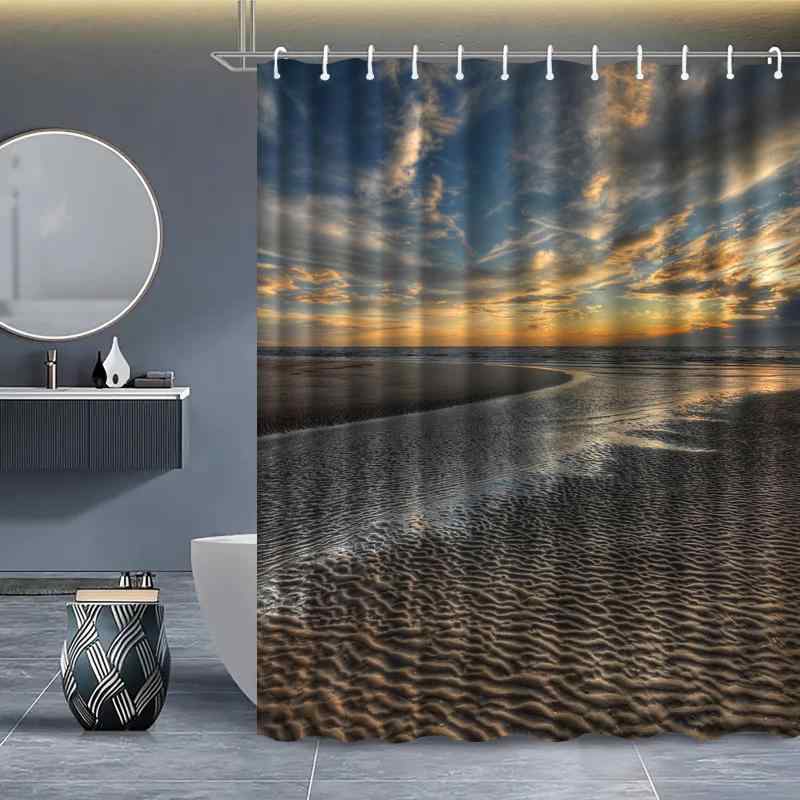シャワーカーテン 防水 水はね防止 デジタルプリント 高精細 間仕切り 砂浜 ビーチ 風景柄 バスルーム トイレ 洗面所 ポリエステル製 穴あけ不要 突っ張り棒対応