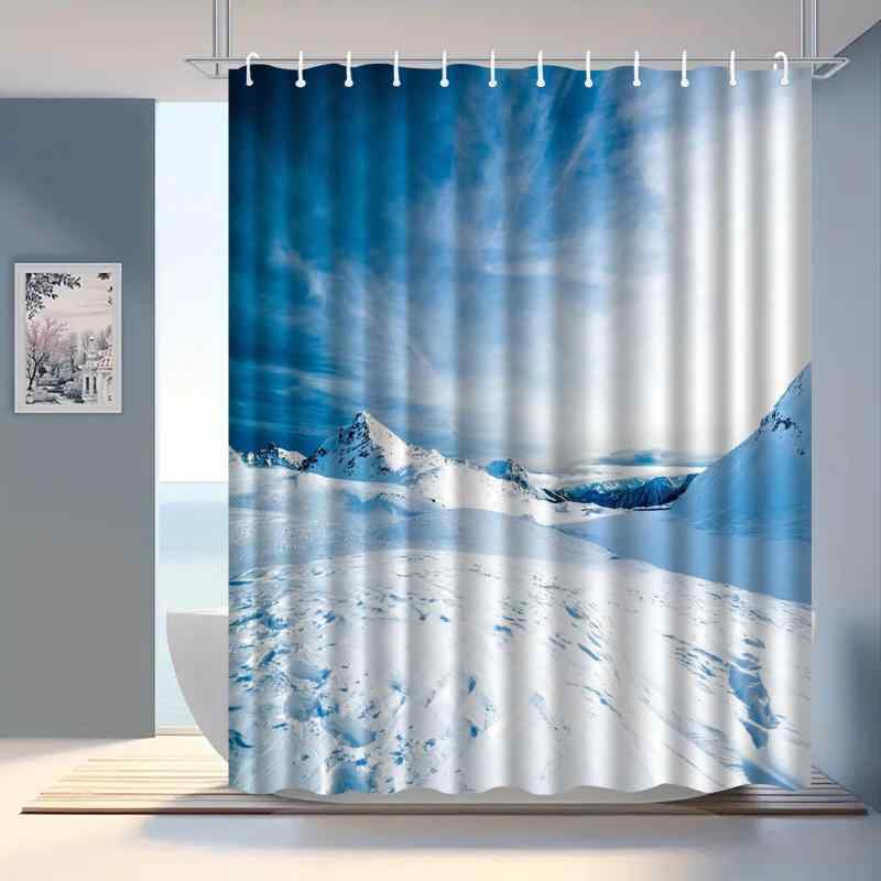 シャワーカーテン 防水 デジタルプリント 雪山風景柄 浴室 バスルーム ユニットバス 間仕切り 目隠し ポリエステル製 賃貸マンション向け 穴あけ不要